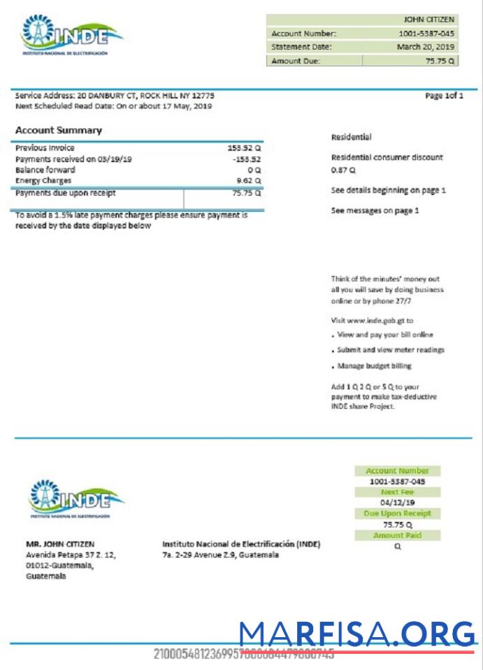 Printable Guatemala INDE Instituto Nacional de Electrificación electricity utility bill download for verification